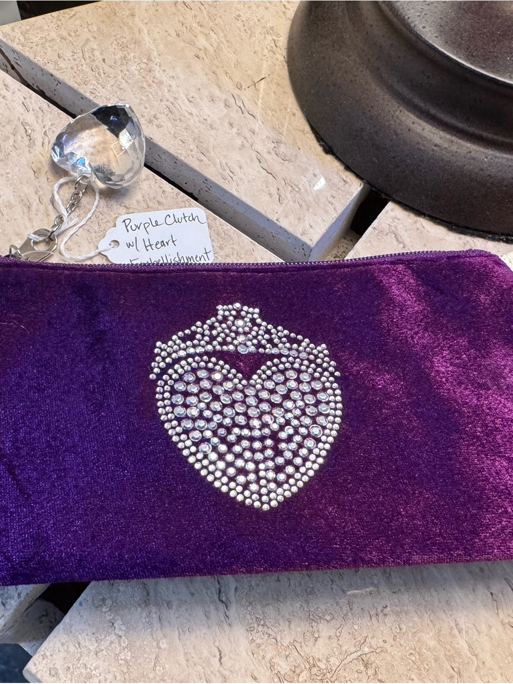 Purple Velvet Clutch with Crystal Heart Embellishment